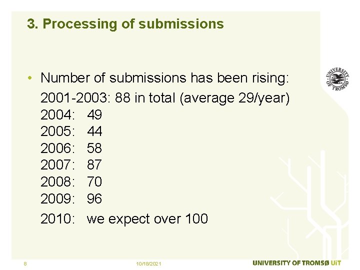3. Processing of submissions • Number of submissions has been rising: 2001 -2003: 88
