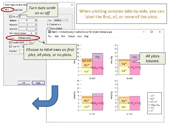 Turn auto-scale on or off Choose to label axes on first plot, all plots,