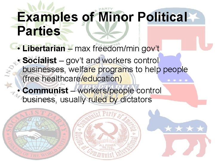 Examples of Minor Political Parties • Libertarian – max freedom/min gov’t • Socialist –