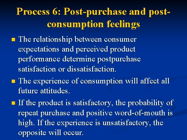 Process 6: Post-purchase and postconsumption feelings The relationship between consumer expectations and perceived product