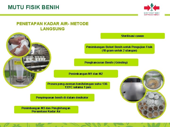 MUTU FISIK BENIH PENETAPAN KADAR AIR- METODE LANGSUNG Sterilisasi cawan Penimbangan Bobot Benih untuk