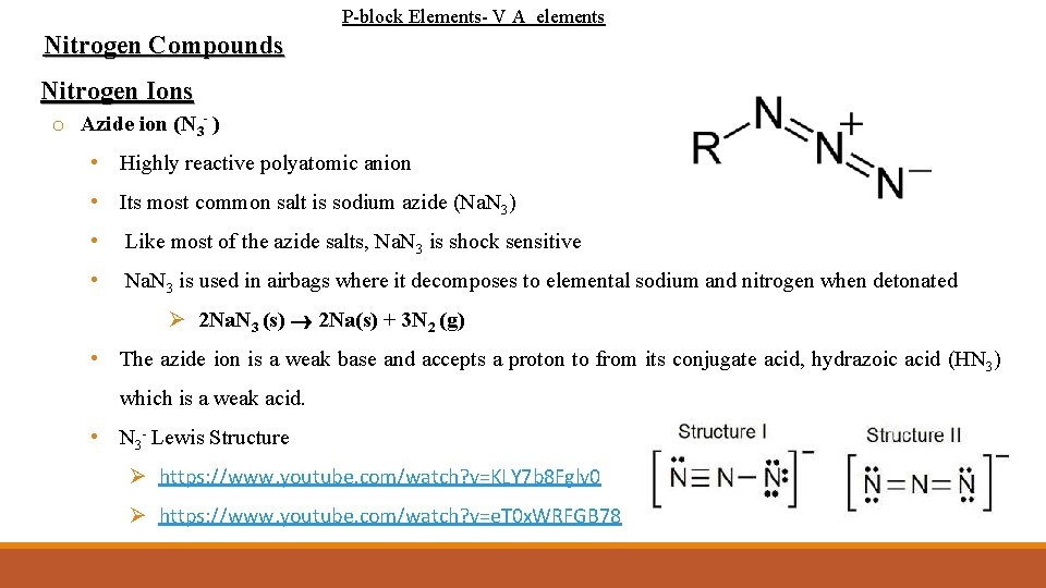 P-block Elements- V A elements Nitrogen Compounds Nitrogen Ions o Azide ion (N 3
