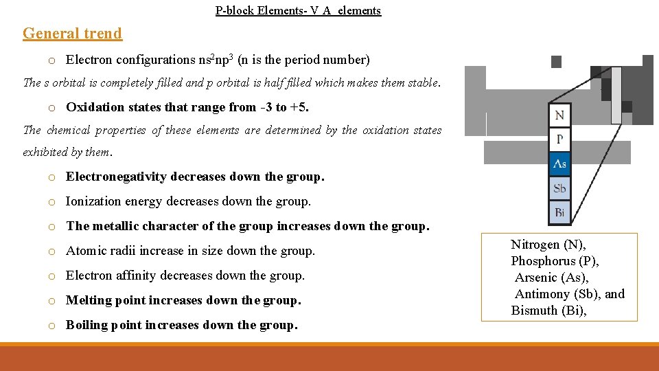 P-block Elements- V A elements General trend o Electron configurations ns 2 np 3