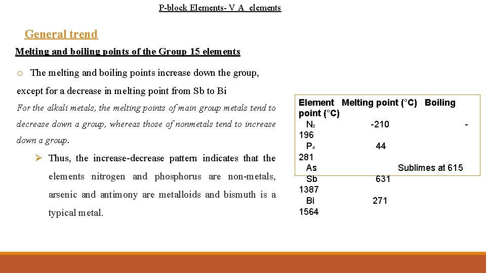 P-block Elements- V A elements General trend Melting and boiling points of the Group