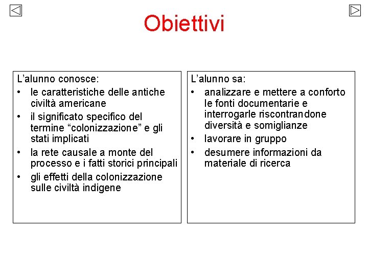 Obiettivi L’alunno conosce: • le caratteristiche delle antiche civiltà americane • il significato specifico