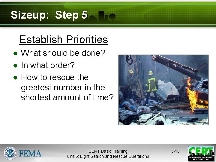 Sizeup: Step 5 Establish Priorities ● What should be done? ● In what order?