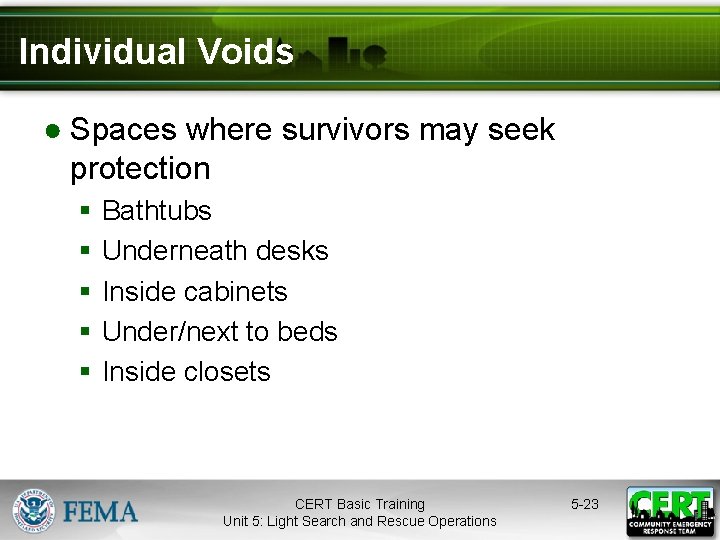 Individual Voids ● Spaces where survivors may seek protection § § § Bathtubs Underneath