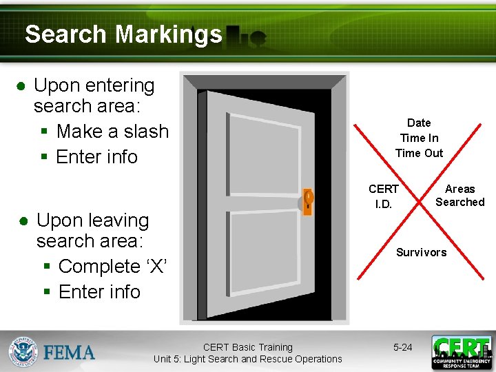 Search Markings ● Upon entering search area: § Make a slash § Enter info
