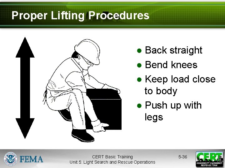 Proper Lifting Procedures ● Back straight ● Bend knees ● Keep load close to