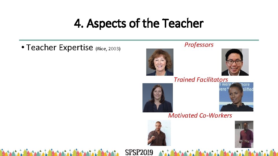4. Aspects of the Teacher • Teacher Expertise (Rice, 2003) Professors Trained Facilitators Motivated