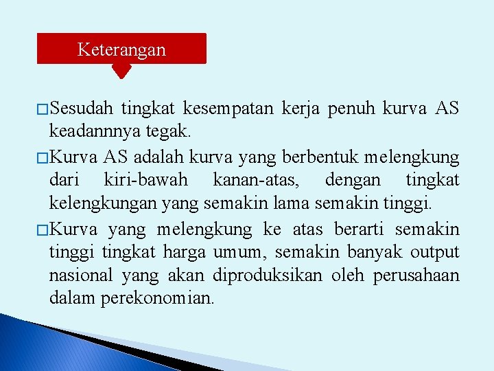 Keterangan � Sesudah tingkat kesempatan kerja penuh kurva AS keadannnya tegak. � Kurva AS
