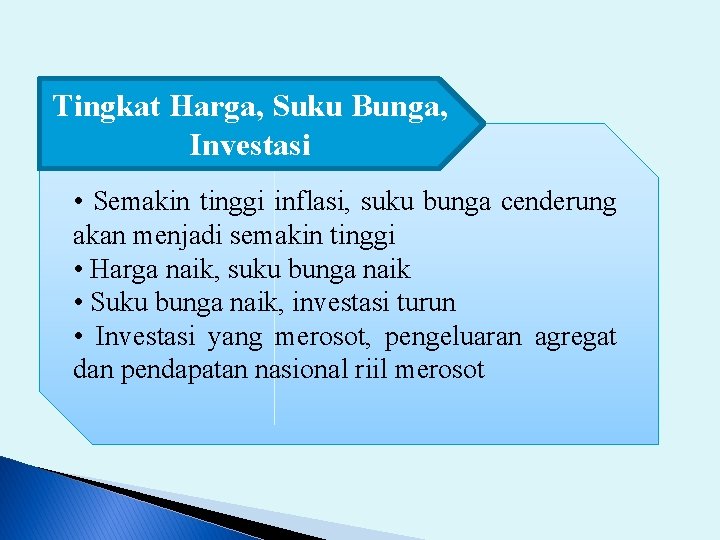 Tingkat Harga, Suku Bunga, Investasi • Semakin tinggi inflasi, suku bunga cenderung akan menjadi