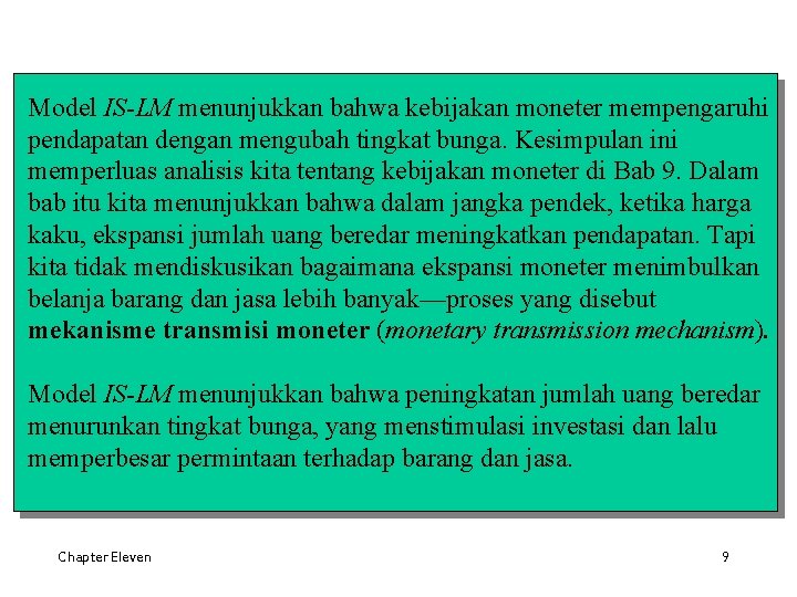Model IS-LM menunjukkan bahwa kebijakan moneter mempengaruhi pendapatan dengan mengubah tingkat bunga. Kesimpulan ini