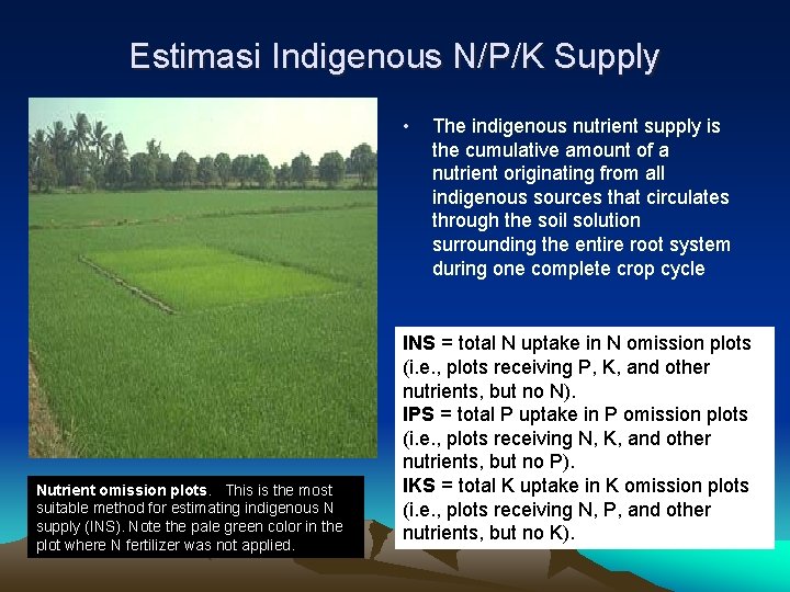 Estimasi Indigenous N/P/K Supply • Nutrient omission plots. This is the most suitable method