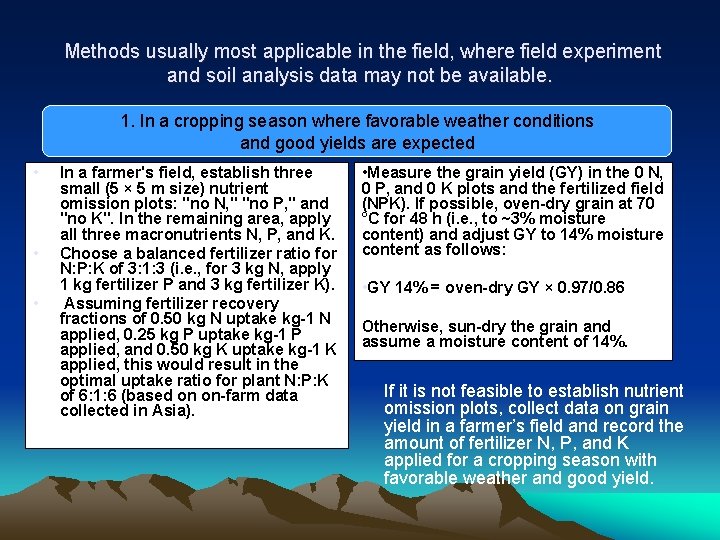Methods usually most applicable in the field, where field experiment and soil analysis data