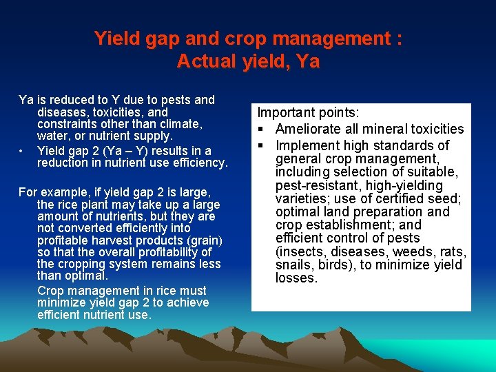 Yield gap and crop management : Actual yield, Ya Ya is reduced to Y