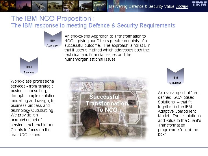 Delivering Defence & Security Value Today! The IBM NCO Proposition : The IBM response