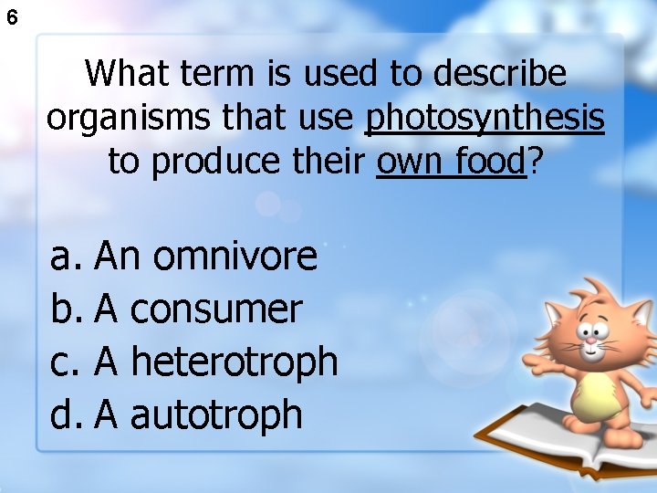 6 What term is used to describe organisms that use photosynthesis to produce their