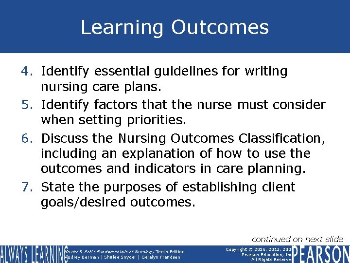 Learning Outcomes 4. Identify essential guidelines for writing nursing care plans. 5. Identify factors