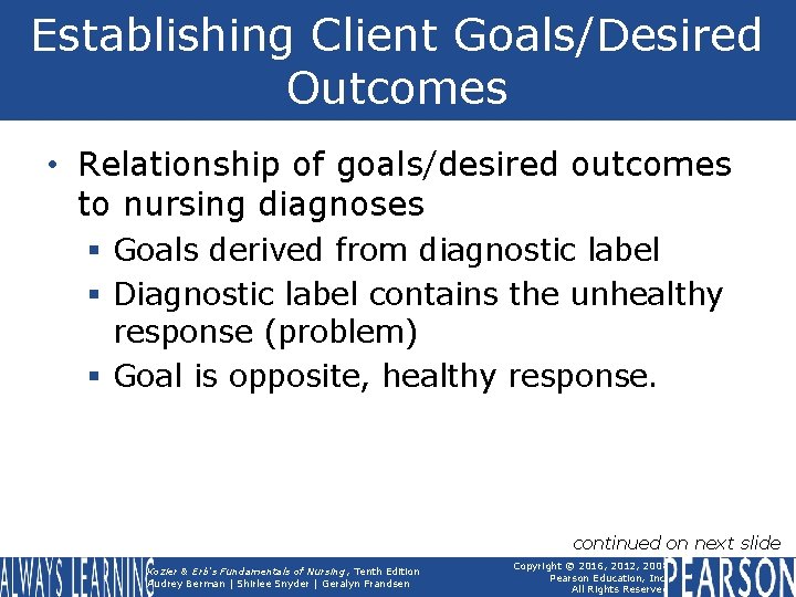 Establishing Client Goals/Desired Outcomes • Relationship of goals/desired outcomes to nursing diagnoses § Goals