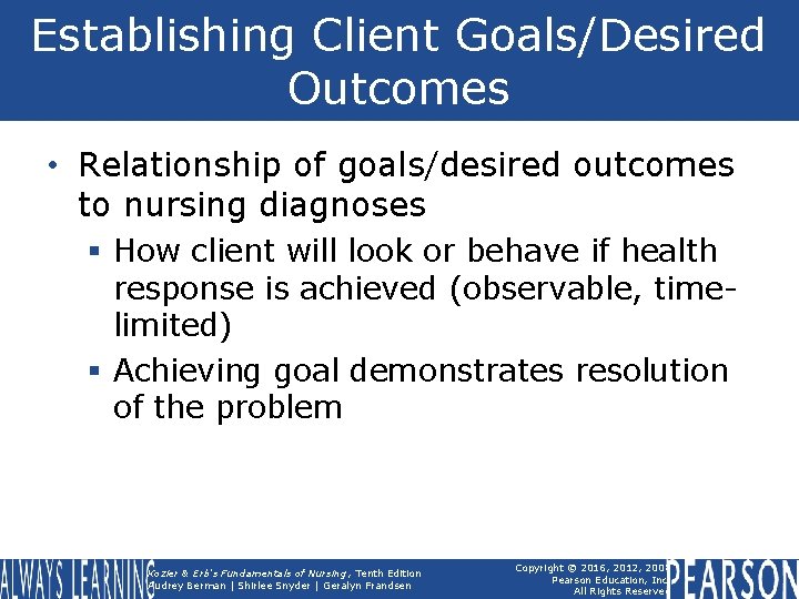 Establishing Client Goals/Desired Outcomes • Relationship of goals/desired outcomes to nursing diagnoses § How