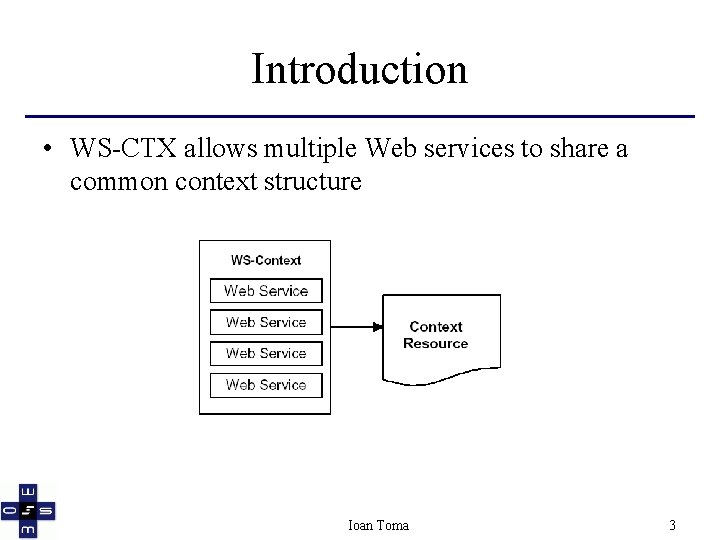Introduction • WS-CTX allows multiple Web services to share a common context structure Ioan