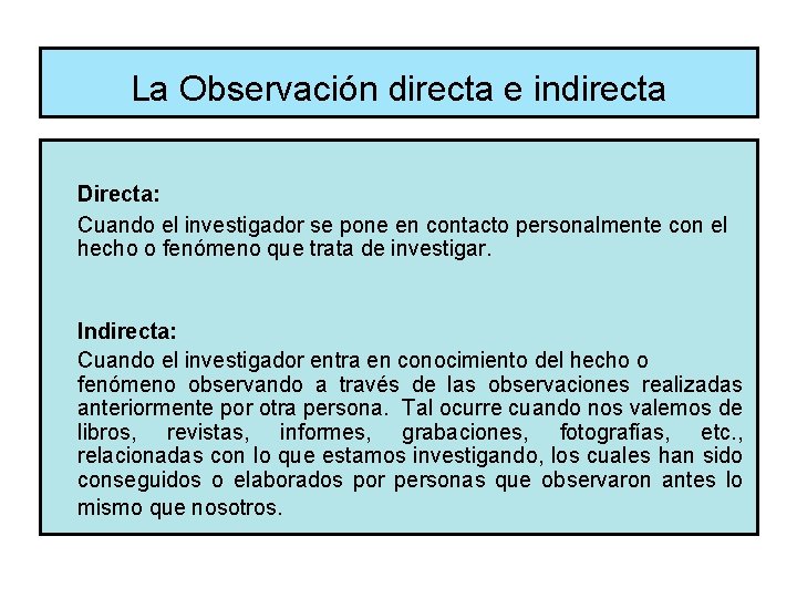 La Observación directa e indirecta Directa: Cuando el investigador se pone en contacto personalmente