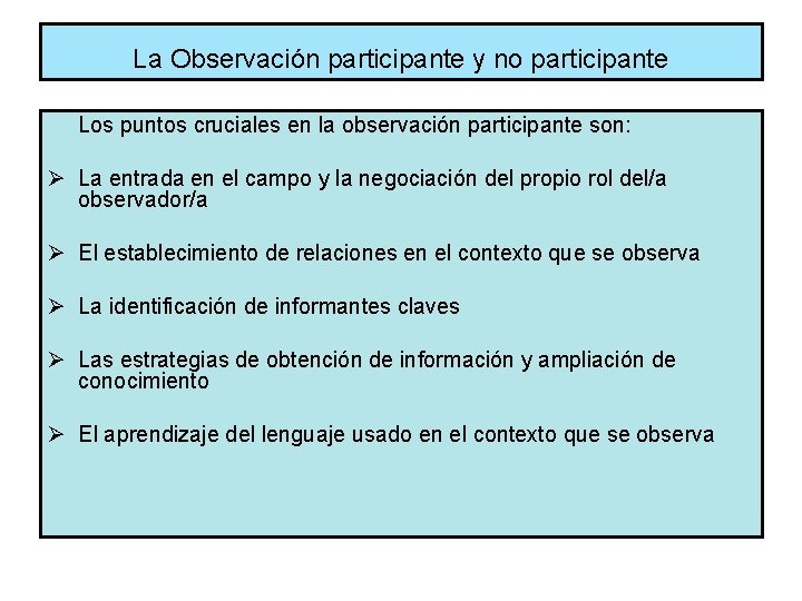 La Observación participante y no participante Los puntos cruciales en la observación participante son: