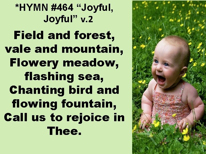 *HYMN #464 “Joyful, Joyful” v. 2 Field and forest, vale and mountain, Flowery meadow,