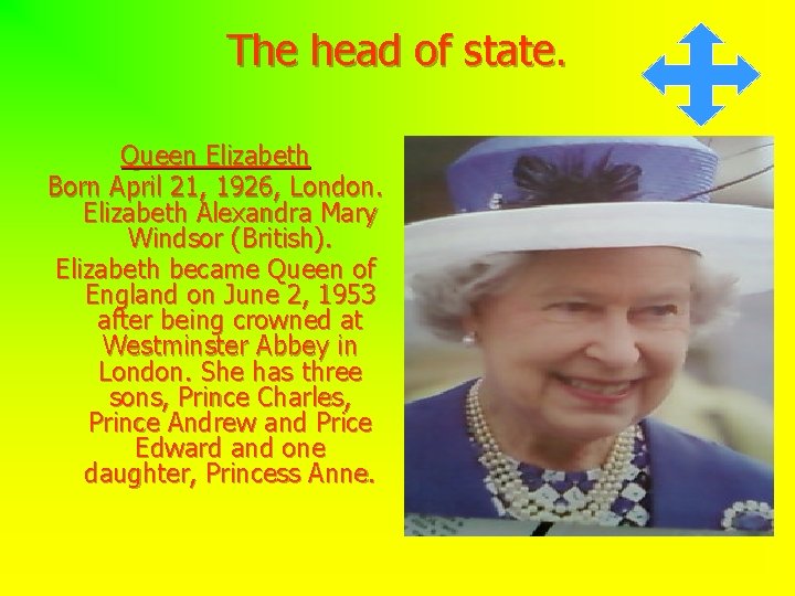 The head of state. Queen Elizabeth Born April 21, 1926, London. Elizabeth Alexandra Mary