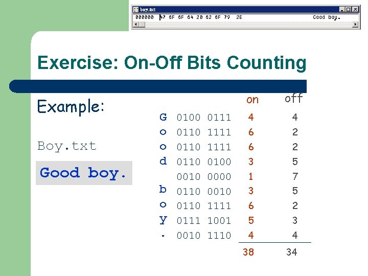Exercise: On-Off Bits Counting Example: Boy. txt Good boy. G o o d b