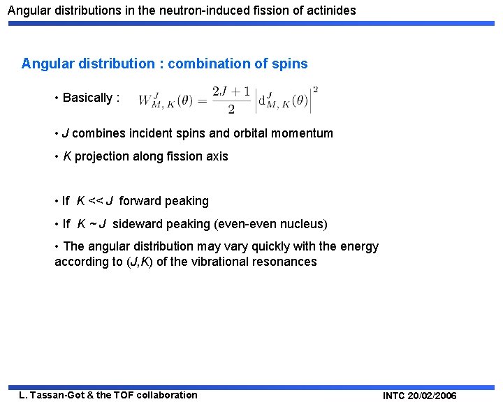 Angular distributions in the neutron-induced fission of actinides Angular distribution : combination of spins