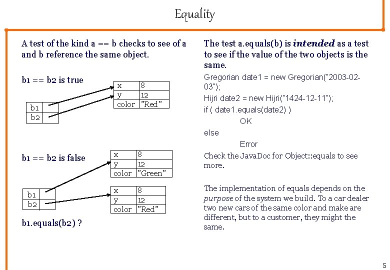 Equality A test of the kind a == b checks to see of a