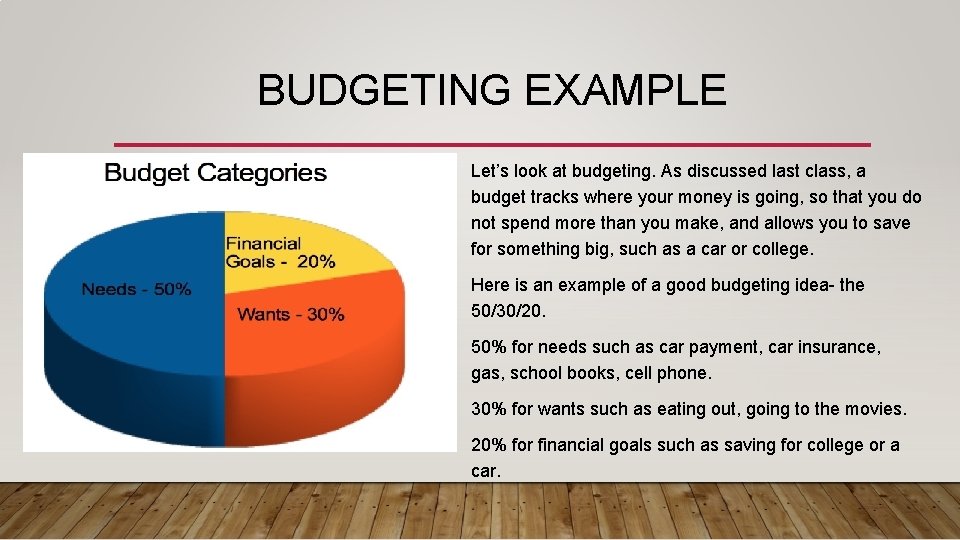 BUDGETING EXAMPLE Let’s look at budgeting. As discussed last class, a budget tracks where