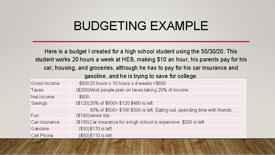 BUDGETING EXAMPLE Here is a budget I created for a high school student using