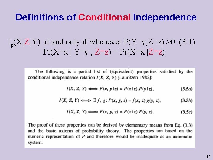 Definitions of Conditional Independence Ip(X, Z, Y) if and only if whenever P(Y=y, Z=z)