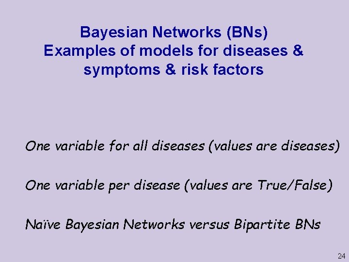 Bayesian Networks (BNs) Examples of models for diseases & symptoms & risk factors One