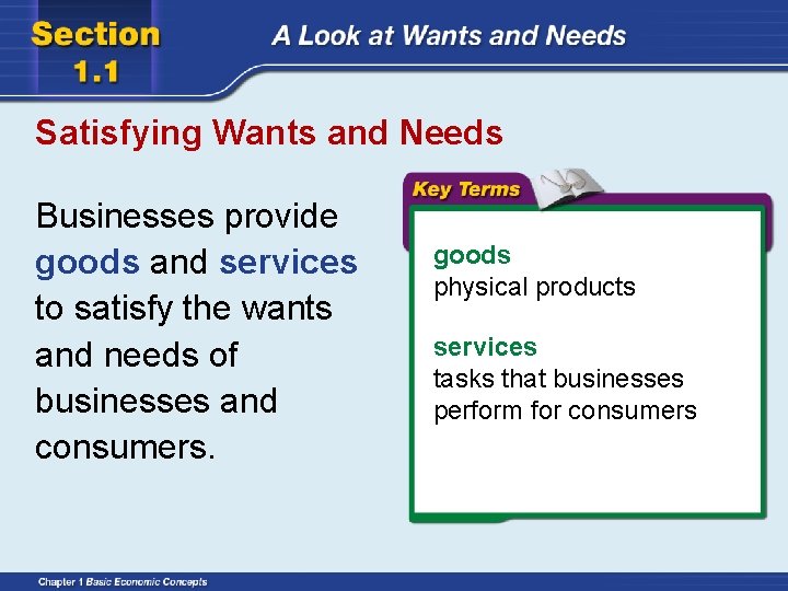 Satisfying Wants and Needs Businesses provide goods and services to satisfy the wants and