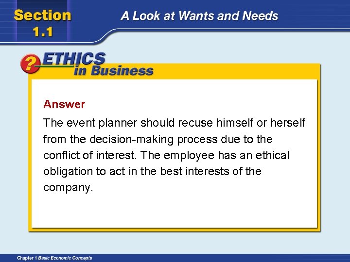 Answer The event planner should recuse himself or herself from the decision-making process due