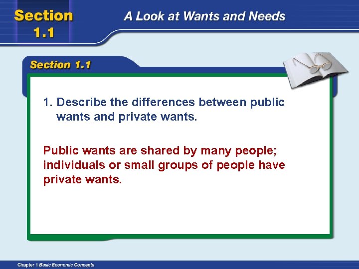 1. Describe the differences between public wants and private wants. Public wants are shared