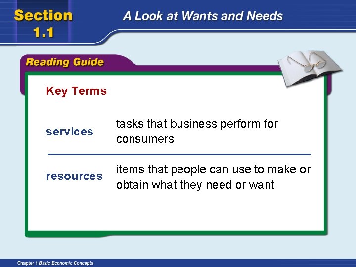 Key Terms services tasks that business perform for consumers resources items that people can