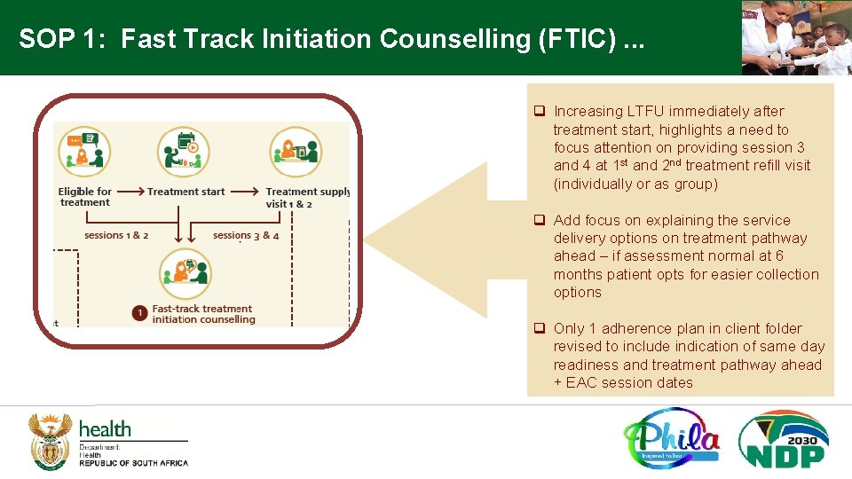 SOP 1: Fast Track Initiation Counselling (FTIC). . . q Increasing LTFU immediately after