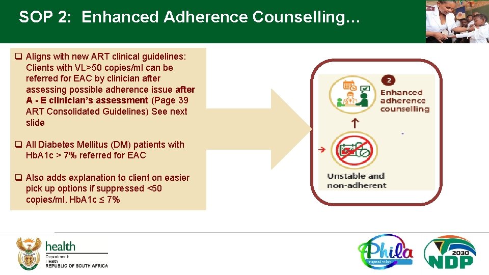 SOP 2: Enhanced Adherence Counselling… q Aligns with new ART clinical guidelines: Clients with