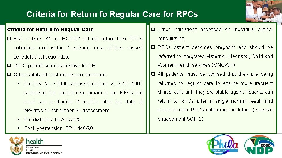 Criteria for Return fo Regular Care for RPCs Criteria for Return to Regular Care