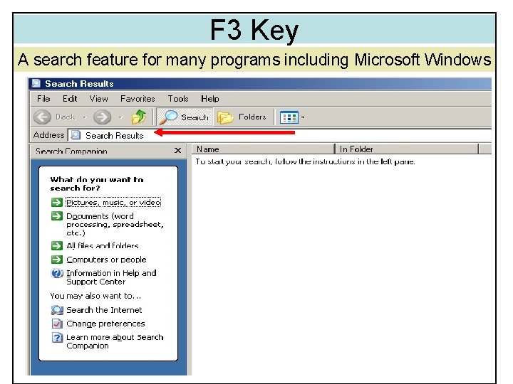 F 3 Key A search feature for many programs including Microsoft Windows F 3 Key A search feature for many programs including Microsoft Windows