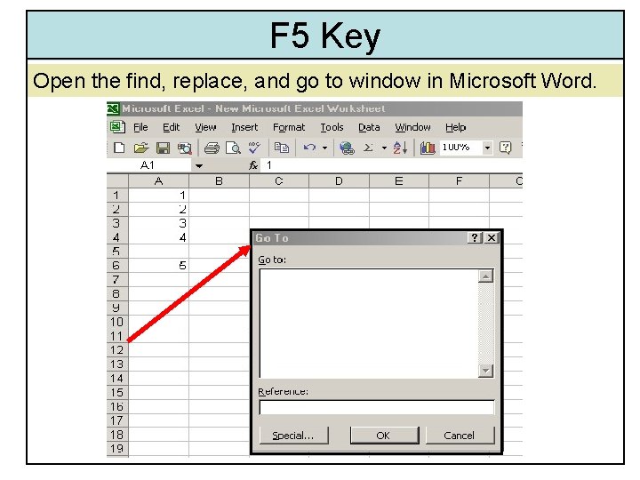 F 5 Key Open the find, replace, and go to window in Microsoft Word. F 5 Key Open the find, replace, and go to window in Microsoft Word.