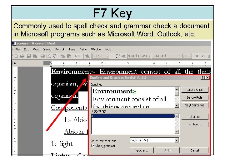 F 7 Key Commonly used to spell check and grammar check a document in F 7 Key Commonly used to spell check and grammar check a document in