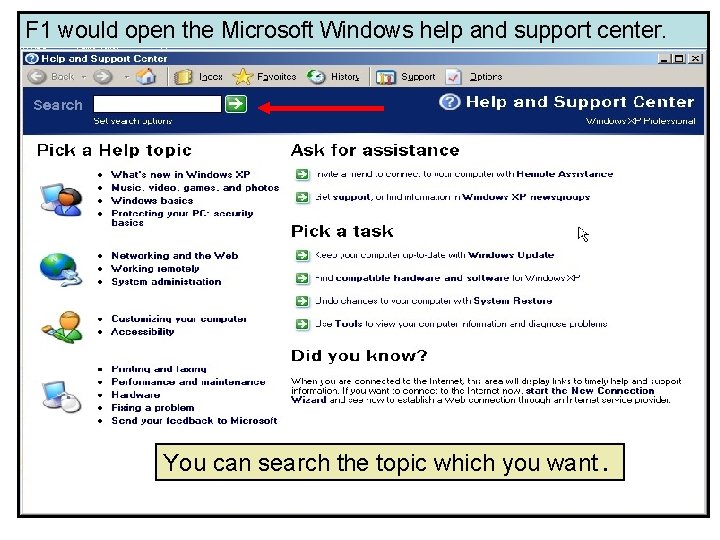 F 1 would open the Microsoft Windows help and support center. You can search F 1 would open the Microsoft Windows help and support center. You can search