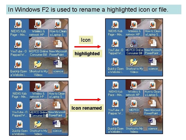 In Windows F 2 is used to rename a highlighted icon or file. Icon In Windows F 2 is used to rename a highlighted icon or file. Icon