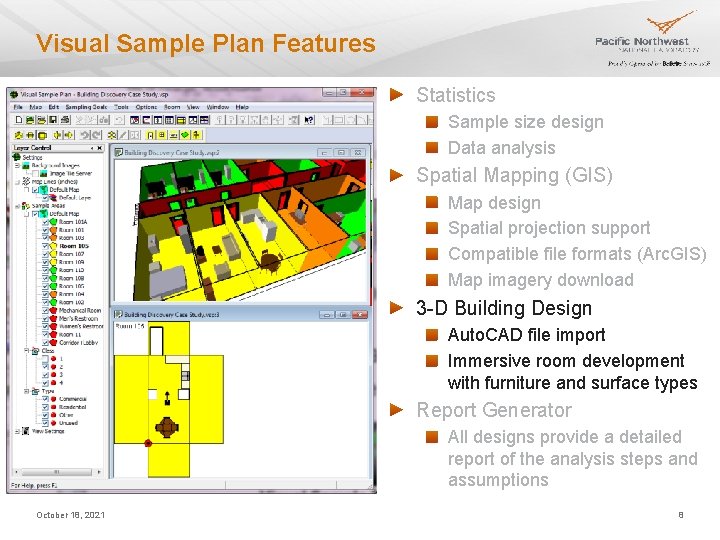 Visual Sample Plan Features Statistics Sample size design Data analysis Spatial Mapping (GIS) Map Visual Sample Plan Features Statistics Sample size design Data analysis Spatial Mapping (GIS) Map